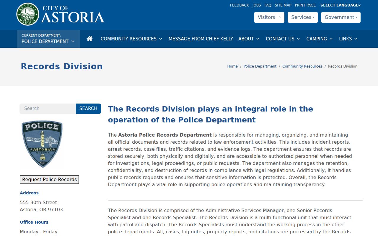 Astoria Police Records Division official information page