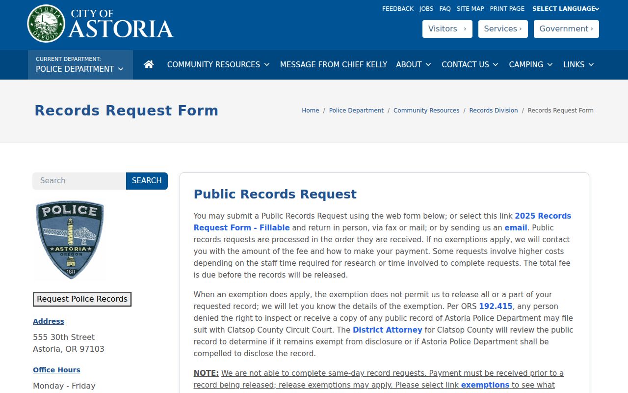 Astoria Police official records request interface