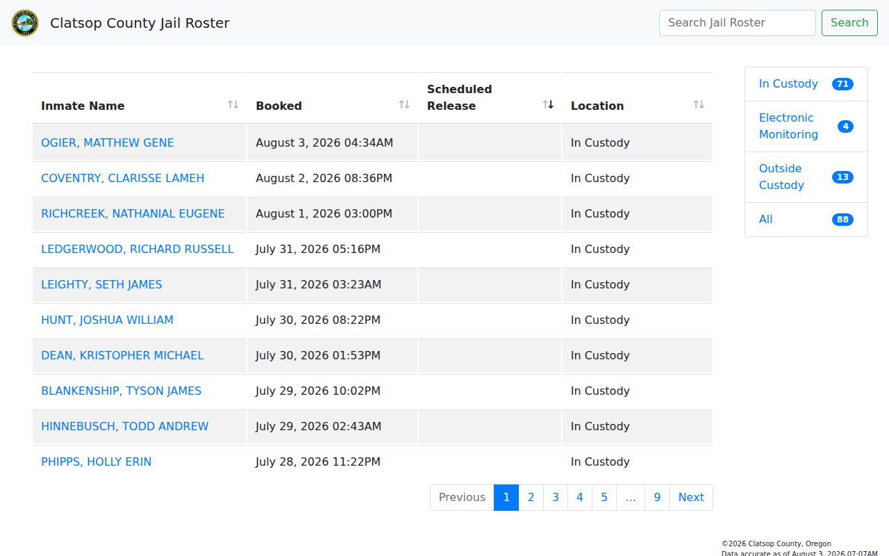 Clatsop County live jail roster with custody filters and booking columns