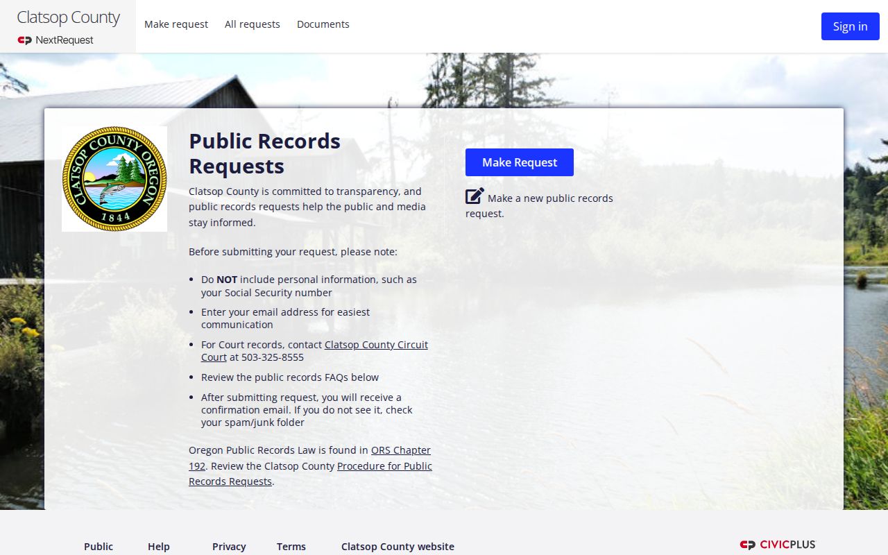 Clatsop County Sheriff NextRequest public records portal