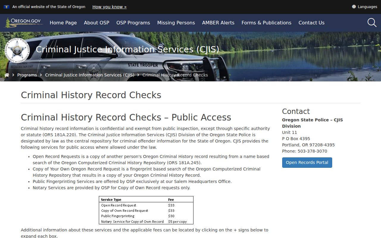 Oregon State Police criminal history record products