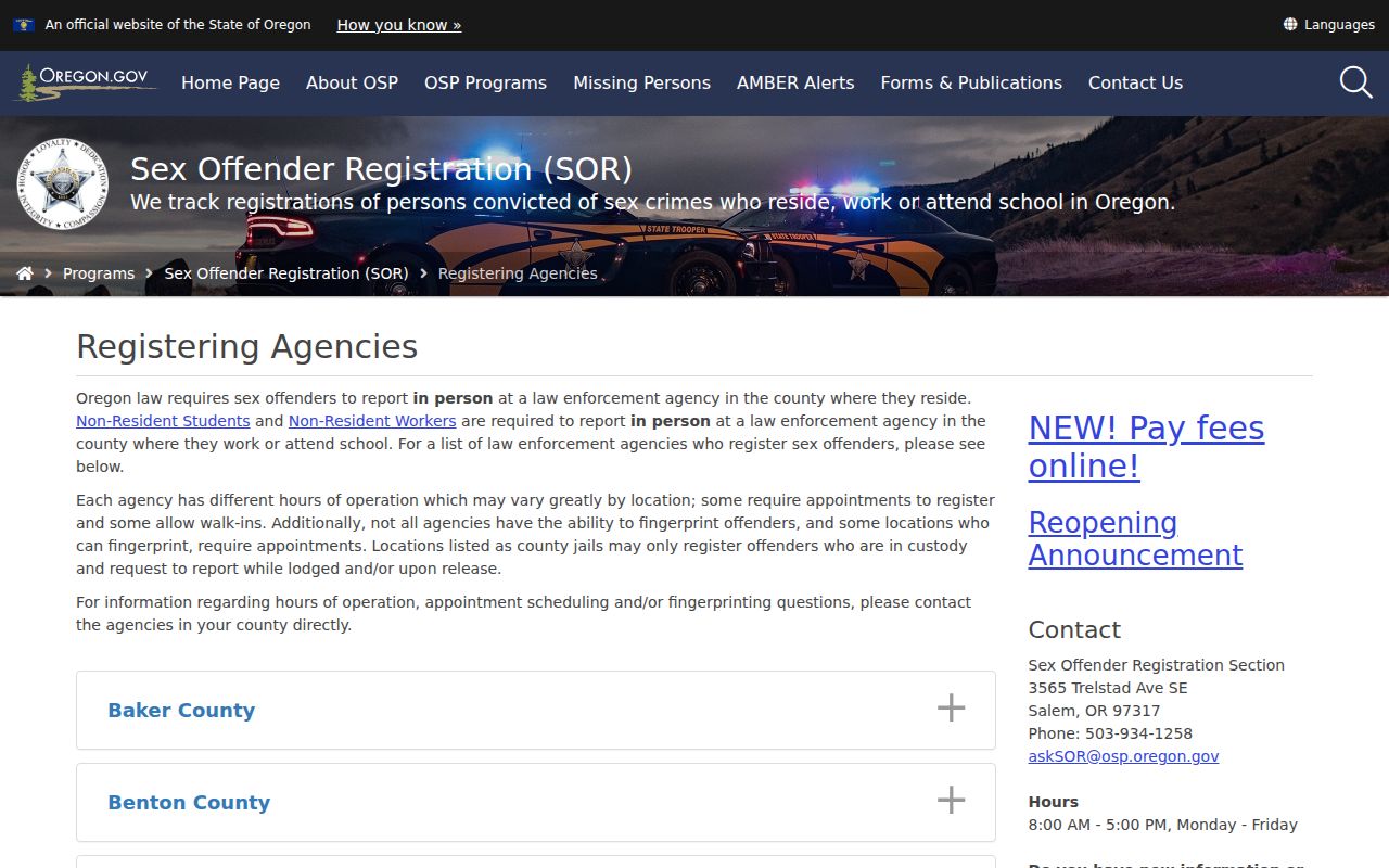 Oregon directory of Clatsop County sex offender registering agencies