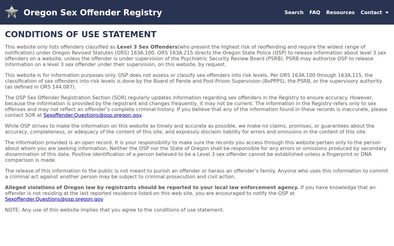 Oregon Sex Offender Online Search interface