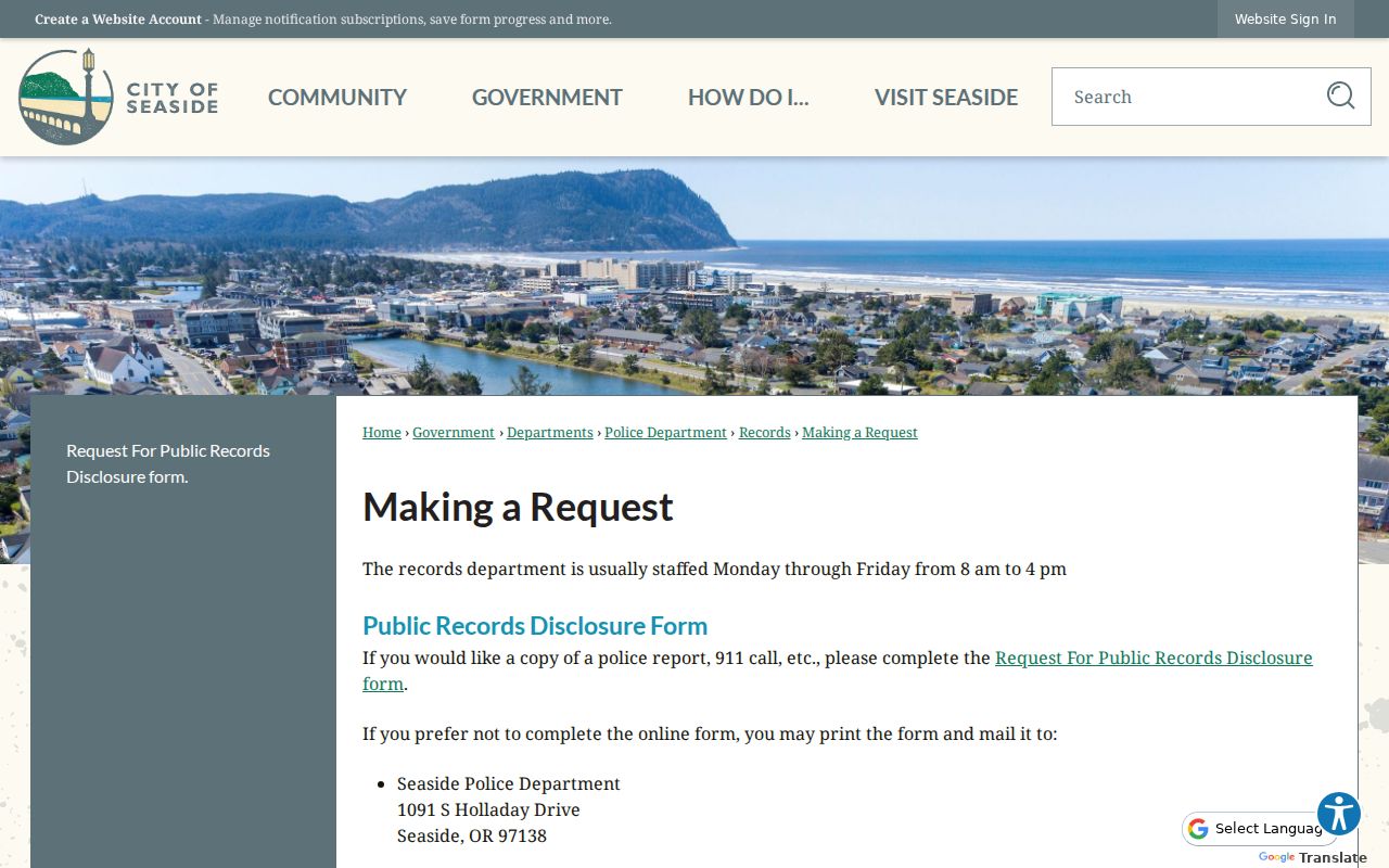 Clatsop County Seaside criminal records police request workflow
